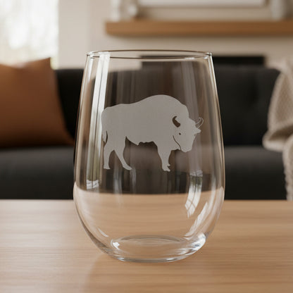 Buffalo 17oz Stemless Wine Glass - Bison Deeply Etched Personalized Gift