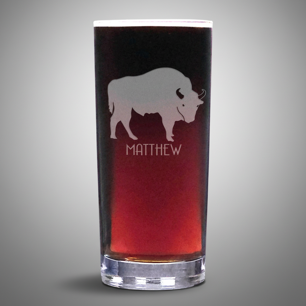 15oz Cooler  Glass with an etched image of a buffalo with a grey background 