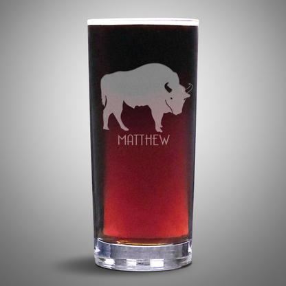 15oz Cooler  Glass with an etched image of a buffalo with a grey background 