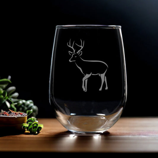 Deer Stemless Wine Glass - Design 7 - Copyright Hues in Glass