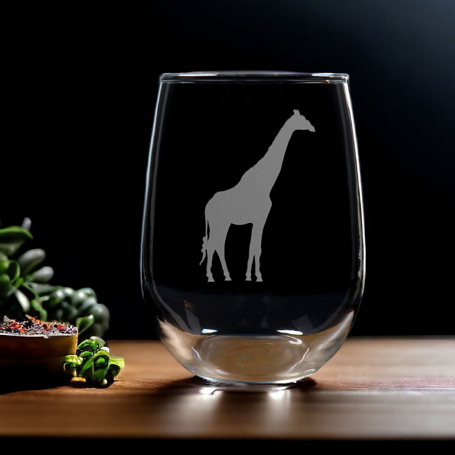  Stemless Wine Glass with an image of a Giraffe sandblasted on it
 - Copyright Hues in Glass