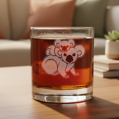 Koala and Baby Engraved 11oz Whiskey Glass - Deeply Etched - Personalized Gift