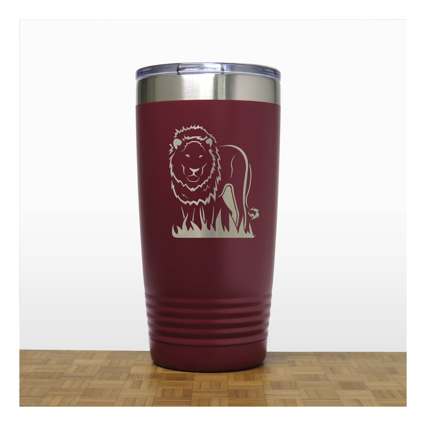 Lion Stainless Steel Tumbler 20oz – Engraved Insulated Travel Mug – Wildlife Coffee Cup with Lid