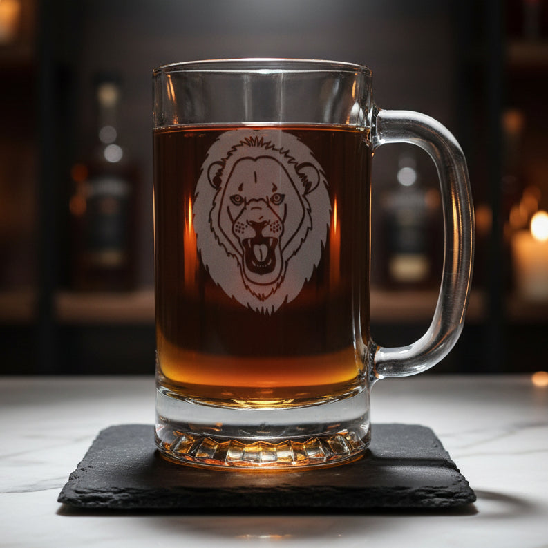 Lion Head Engraved Beer Mug 16oz - Deep Etched Wildlife Beer Glass / Beer Stein Gift for Him