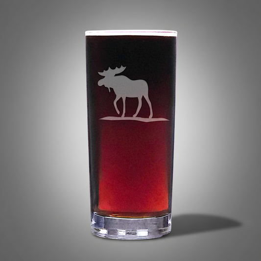 Clear glass with red bottom half and black top half featuring a moose silhouette on a light grey background