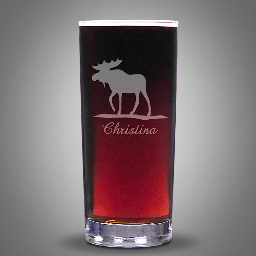 Glass with a moose design and 'Christina' text on a light grey background