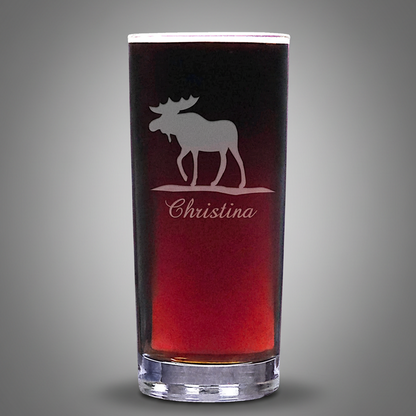 Glass with a moose design and 'Christina' text on a light grey background