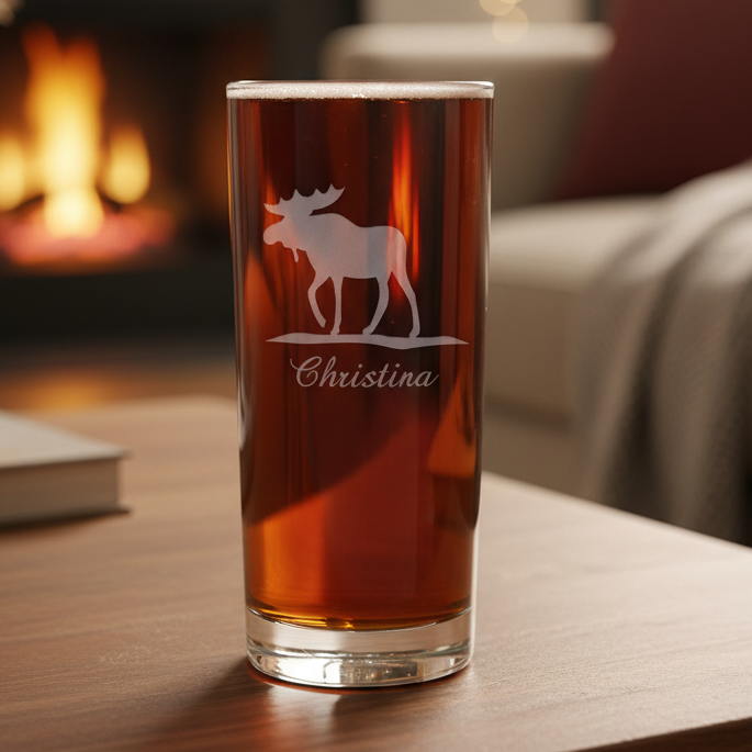 Glass with a moose design and 'Christina' text on a white background