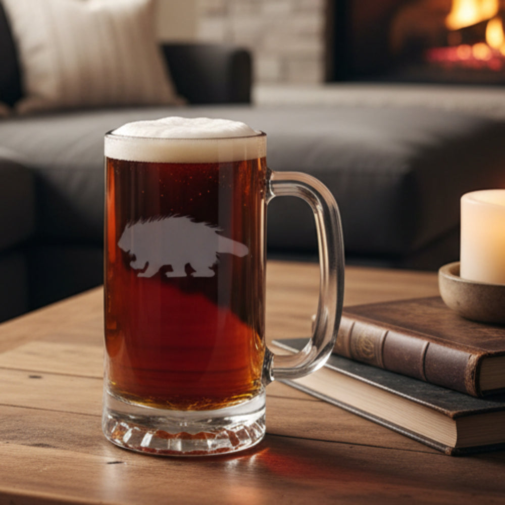 Glass mug a porcupine engraving with a living room in the background
