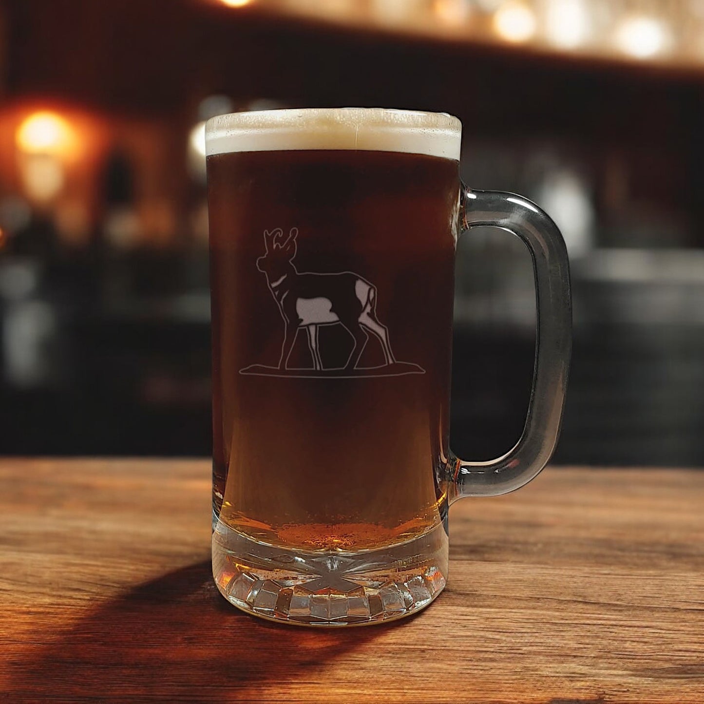 Pronghorn 16oz engraved beer mug with deep sandblasted design. A perfect personalized gift for hunters, dads, grads, and wildlife lovers.