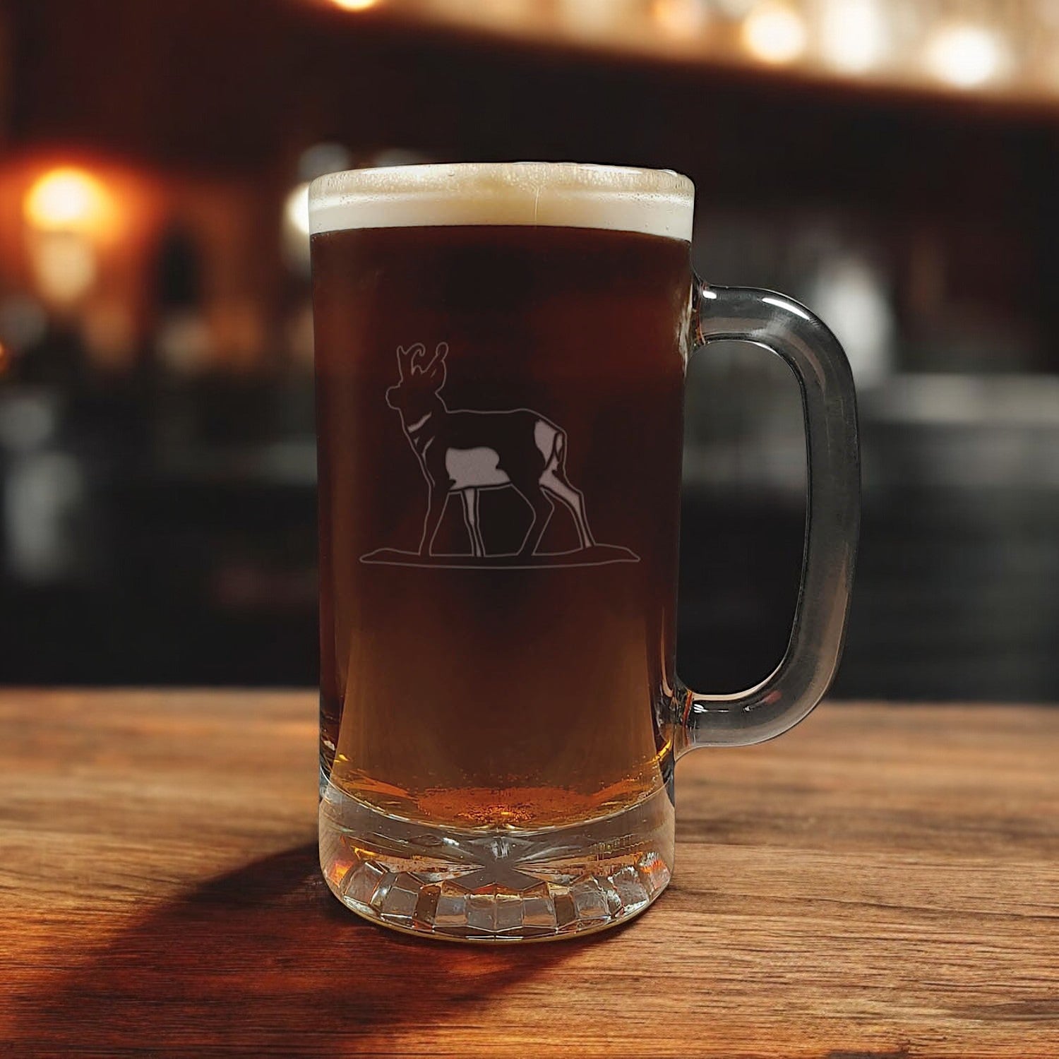 Pronghorn 16oz engraved beer mug with deep sandblasted design. A perfect personalized gift for hunters, dads, grads, and wildlife lovers.