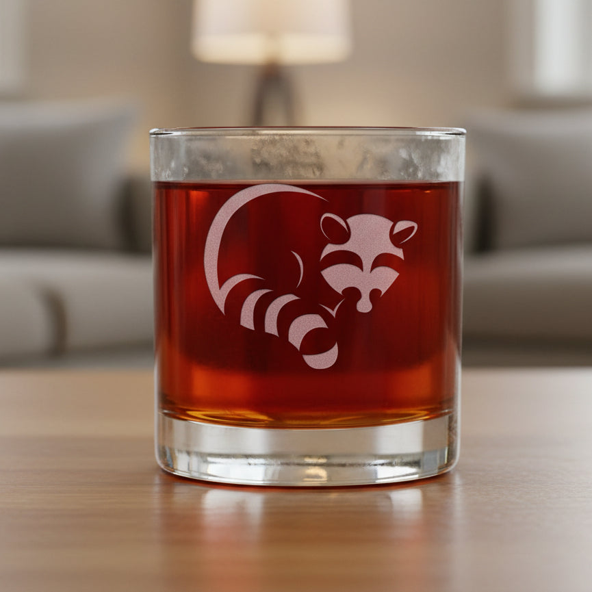 Glass with red liquid and a raccoon 
design on a blurred background
