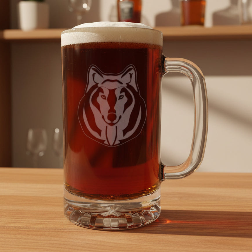 Glass mug with a wolf emblem filled with beer on a wooden surface 
