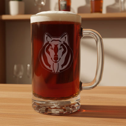 Glass mug with a wolf emblem filled with beer on a wooden surface 