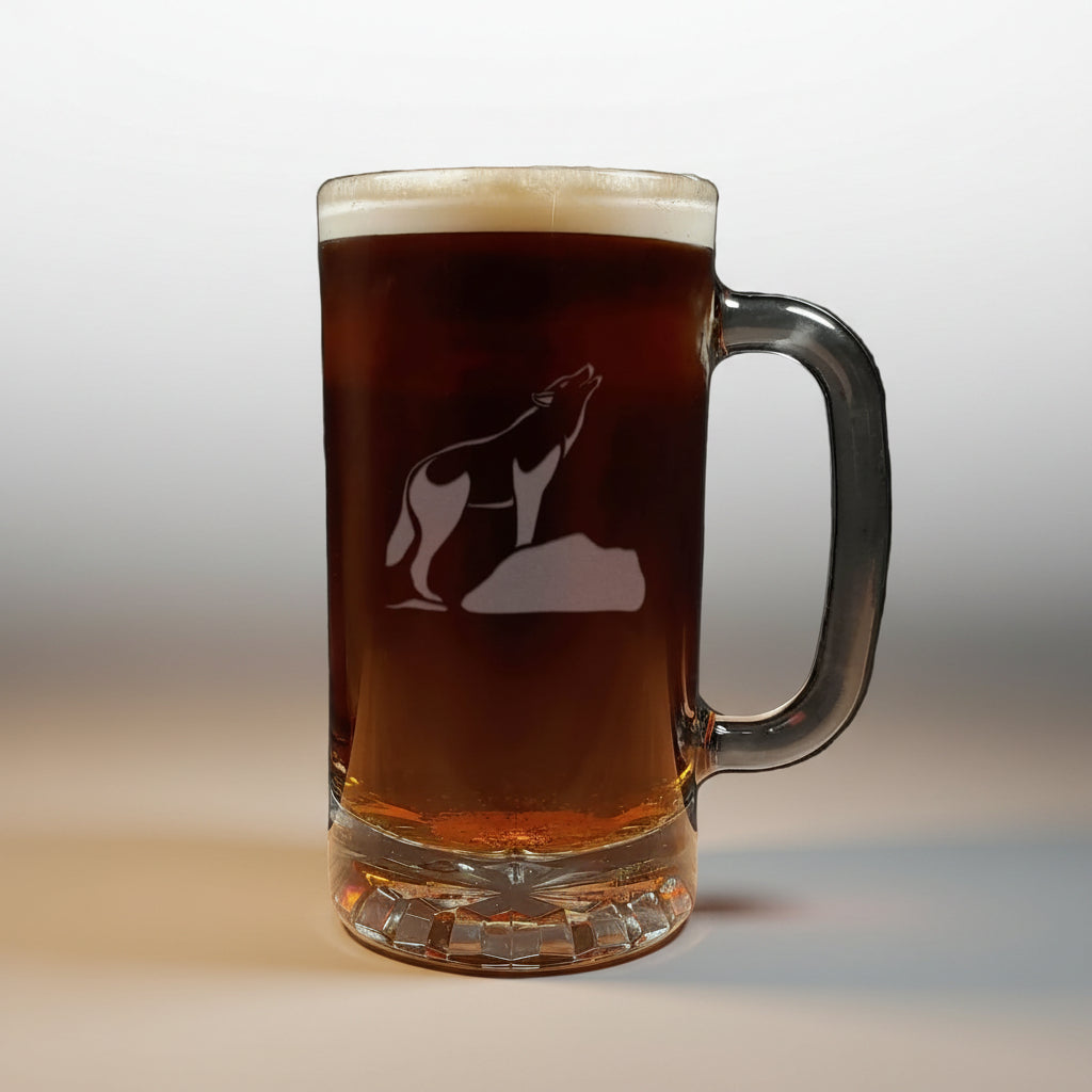 Beer mug with a wolf etching on a wooden surface and black background
