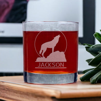 Personalized Howling Wolf Whiskey Glass – Custom Engraved 11oz Rocks Glass with Moon Design, Gift for Him