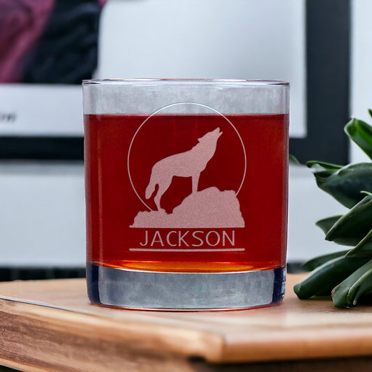 Personalized Howling Wolf Whiskey Glass – Custom Engraved 11oz Rocks Glass with Moon Design, Gift for Him