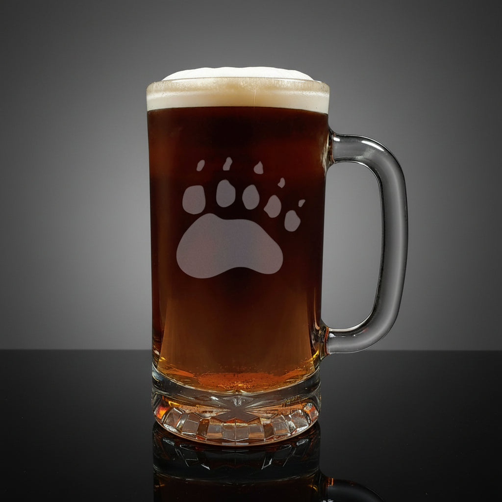 16oz Beer Mug with an etched image of a bear track a grey  background