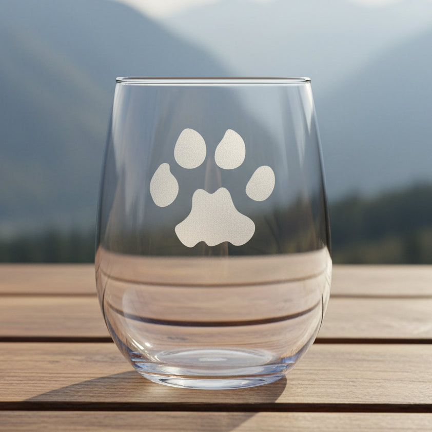 17oz Stemless Wine Glass with an etched image of a cougar paw print with a background of a misty forest