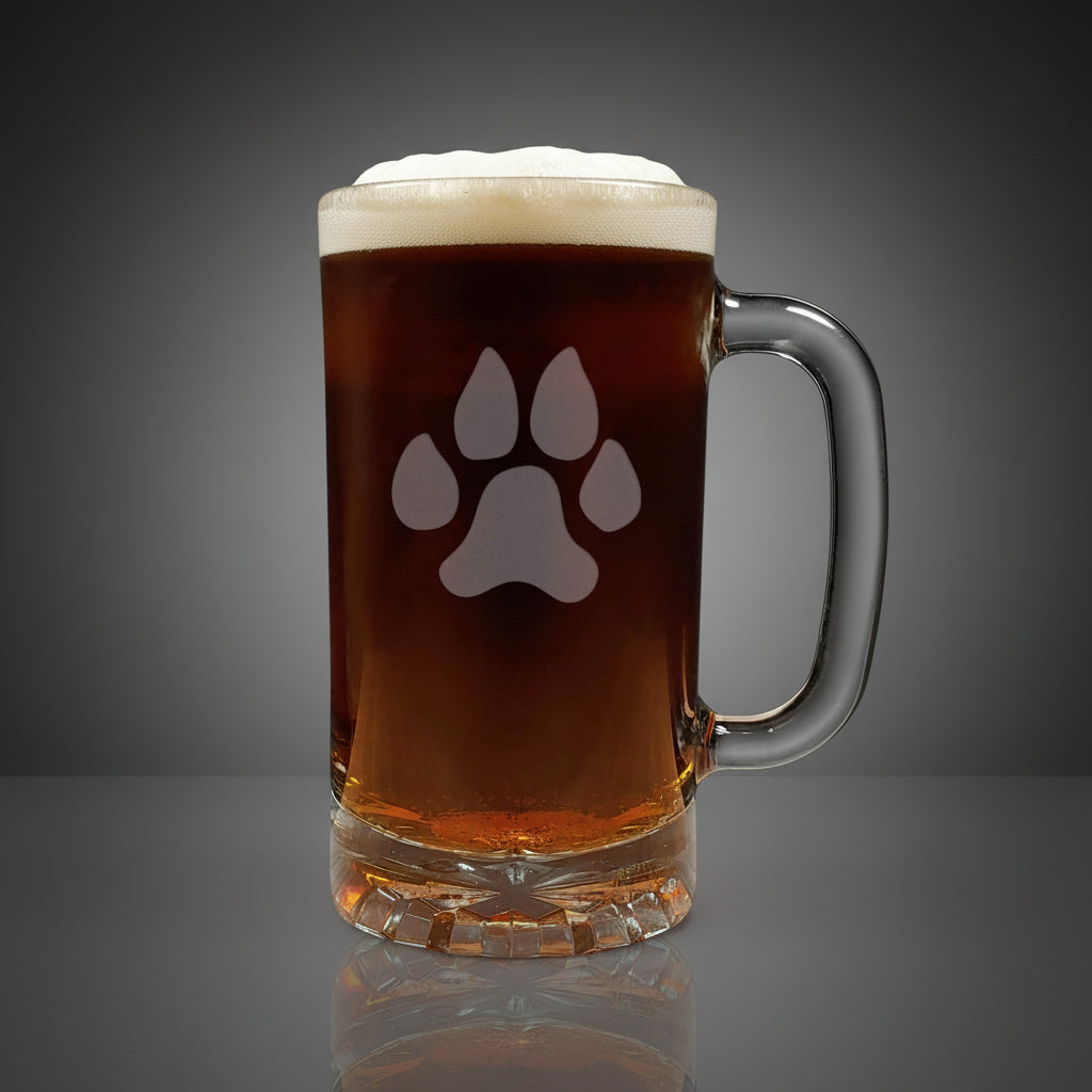 16oz Beer Mug with an etched image of a dog paw with  a grey  background