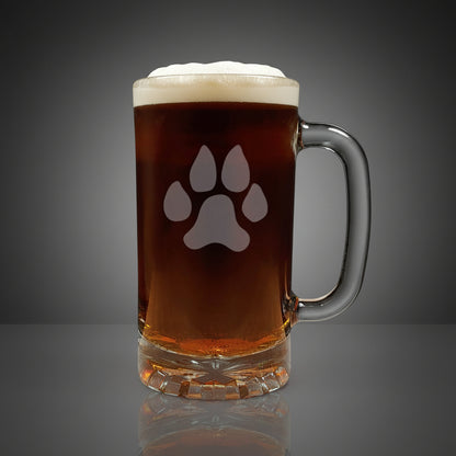 16oz Beer Mug with an etched image of a dog paw with  a grey  background