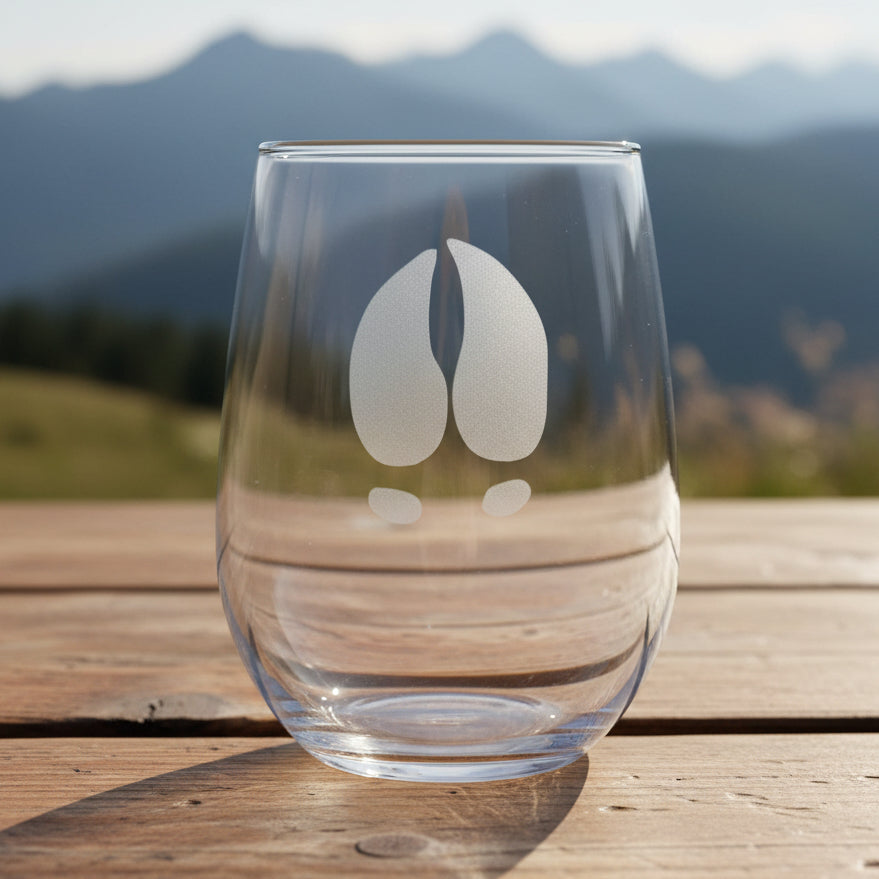 17oz Stemless Wine Glass with an etched image of a moose track with a background of a misty mountans