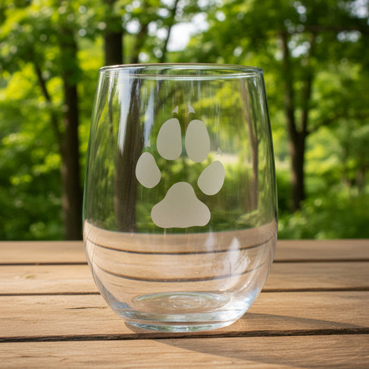 Wolf Track stemless wine glass on a wood surface with  trees in the  background