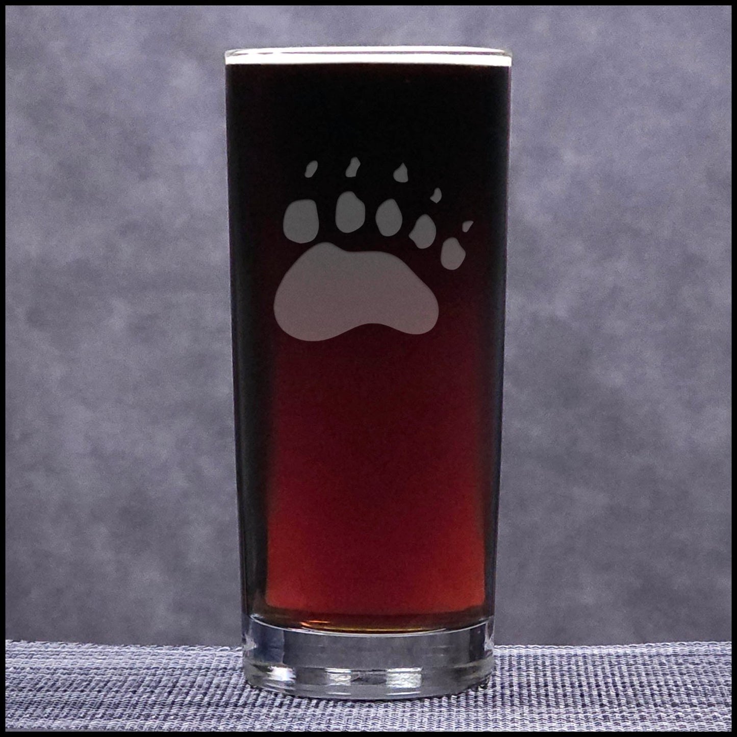 A 15.75oz Cooler Glass with an etched Bear Track on it - Copyright Hues in Glass