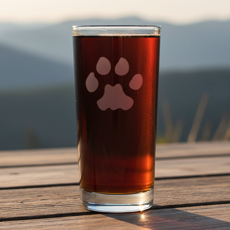 A 15oz Cooler Glass with an etched Cougar Track on it - Copyright Hues in Glass