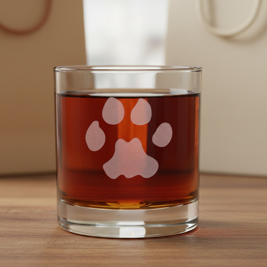 A clear glass rocks tumbler with an etched paw print design, filled with a dark reddish-brown liquid, set on a reflective gray surface against gift bags background.