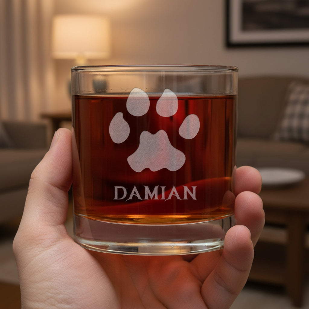 A clear rocks glass tumbler with a paw print and the name 'DAMIAN' etched on it, filled with a red drink, held in a hand.