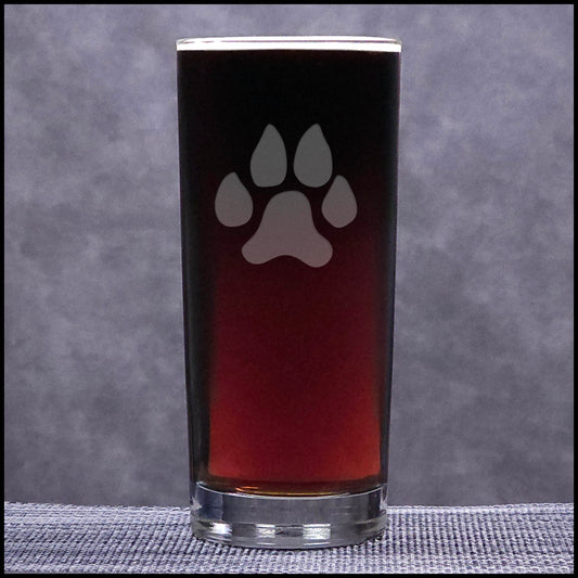 A 15.75oz Cooler Glass with an etched Dog Paw on it - Copyright Hues in Glass