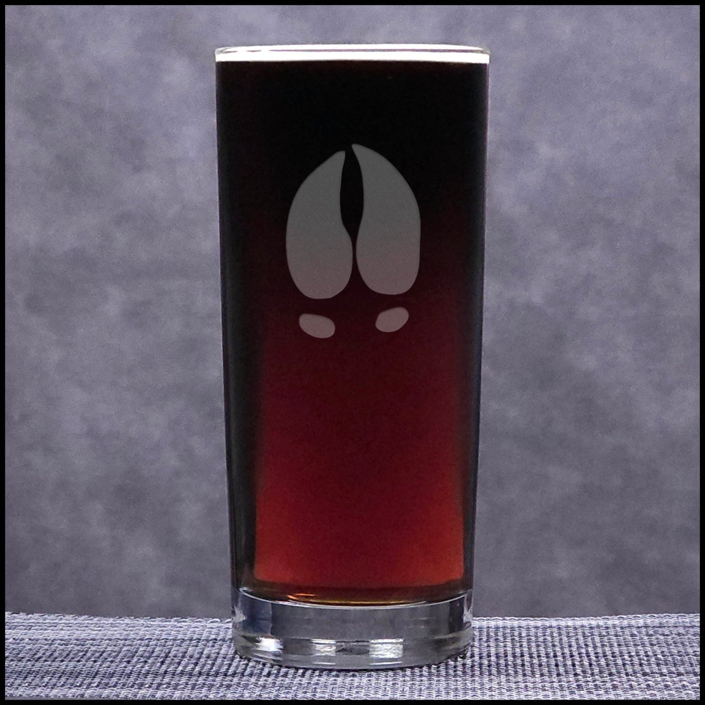 A 15.75oz Cooler Glass with an etched Moose Track on it - Copyright Hues in Glass