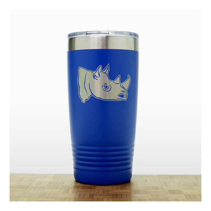 Blue insulated tumbler with rhino design on a white background