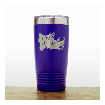 Purple tumbler with a rhino design on a white background