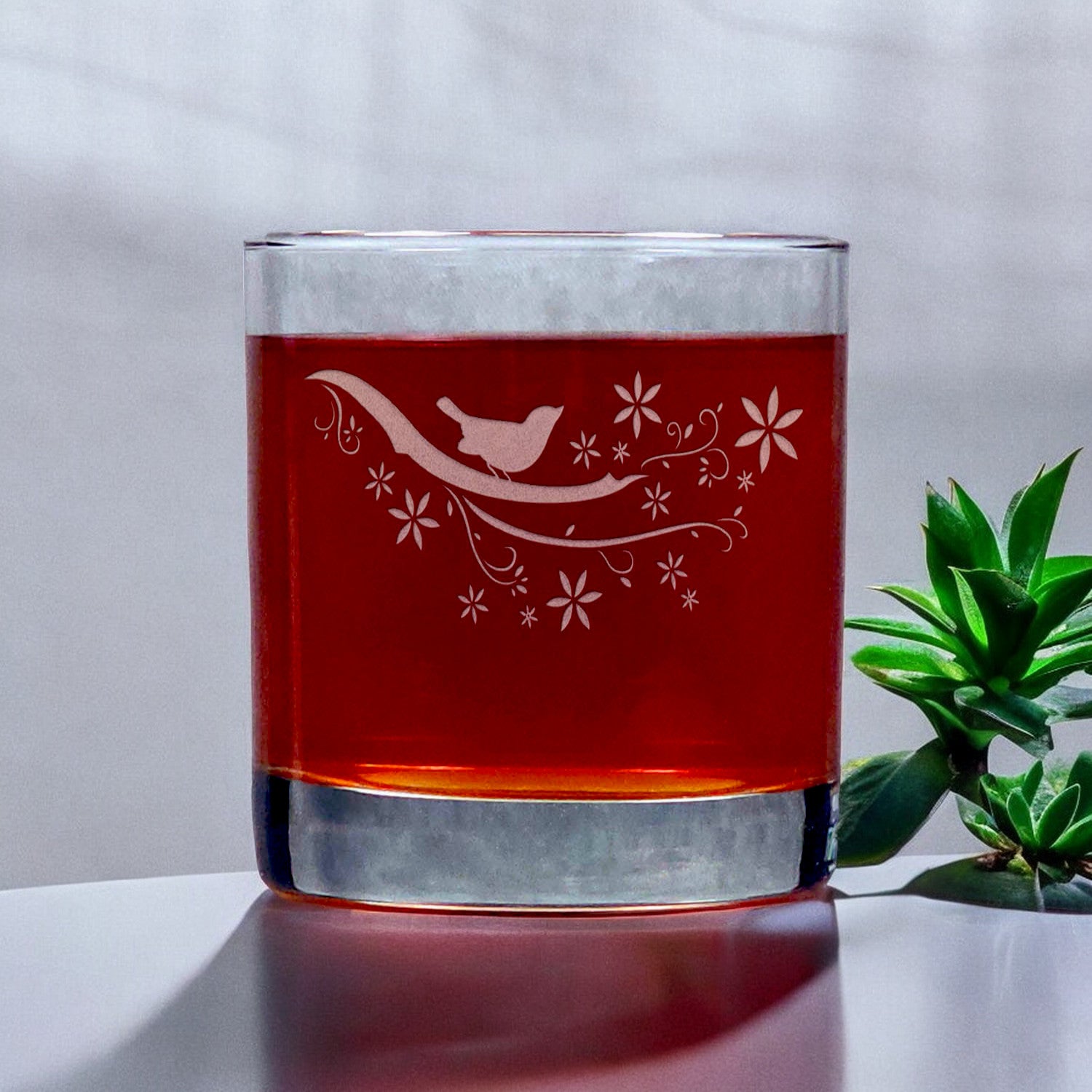 Bird on a Branch 11oz Whisky Glass - Copyright Hues in Glass