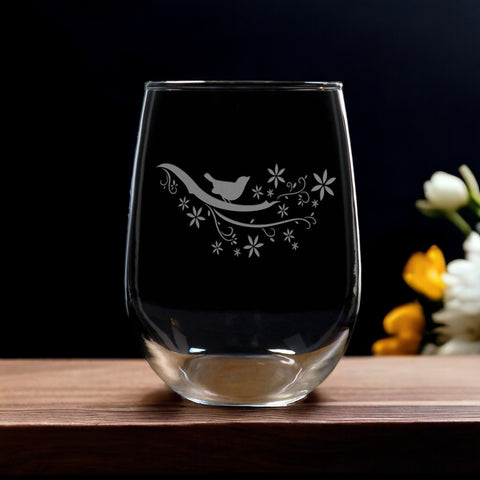 Bird on a Branch 17oz Stemless Wine Glass - Deeply Etched Personalized Gift