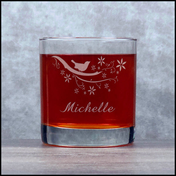 Personalized Bird on a Branch Whisky Glass - Copyright Hues in Glass