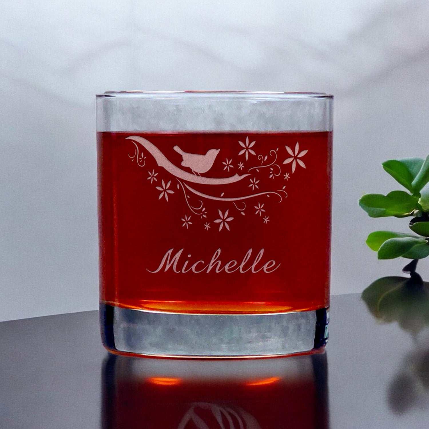 Personalized Bird on a Branch 11oz Whisky Glass - Copyright Hues in Glass