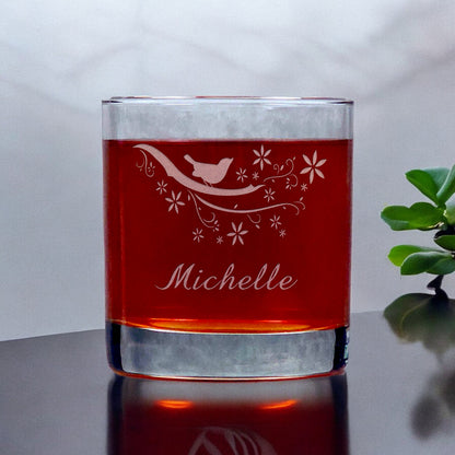 Personalized Bird on a Branch 11oz Whisky Glass - Copyright Hues in Glass