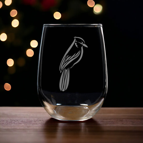 Blue Jay 17oz Stemless Wine Glass - Deeply Etched Personalized Gift