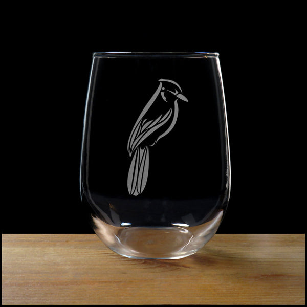 Blue Jay Stemless Wine Glass - Copyright Hues in Glass