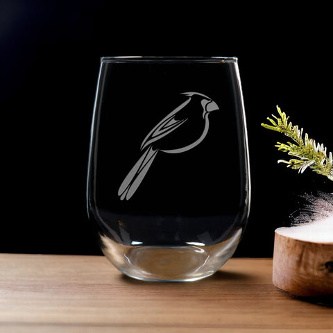 Cardinal Bird Stemless Wine Glass - copyright Hues in Glass