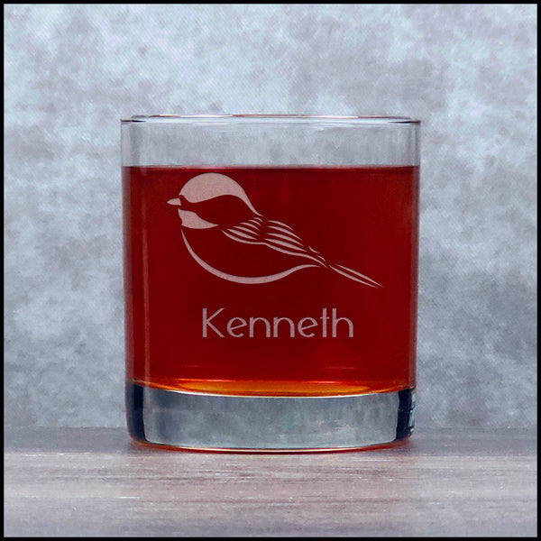 Personalized Chickadee Personalized Whisky Glass - Copyright Hues in Glass