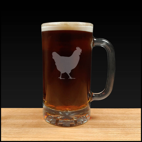 Beer Mug with Chicken Design  - Dark Beer - Copyright Hues in Glass