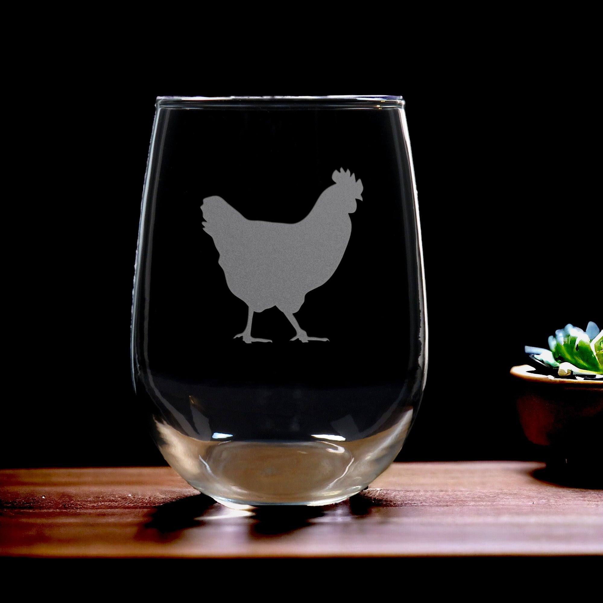 Chicken 17oz Stemless Wine Glass - Deeply Etched Personalized Gift