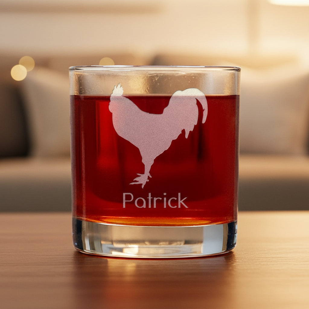 Personalized Rooster 11oz Whisky Glass - Copyright Hues in Glass