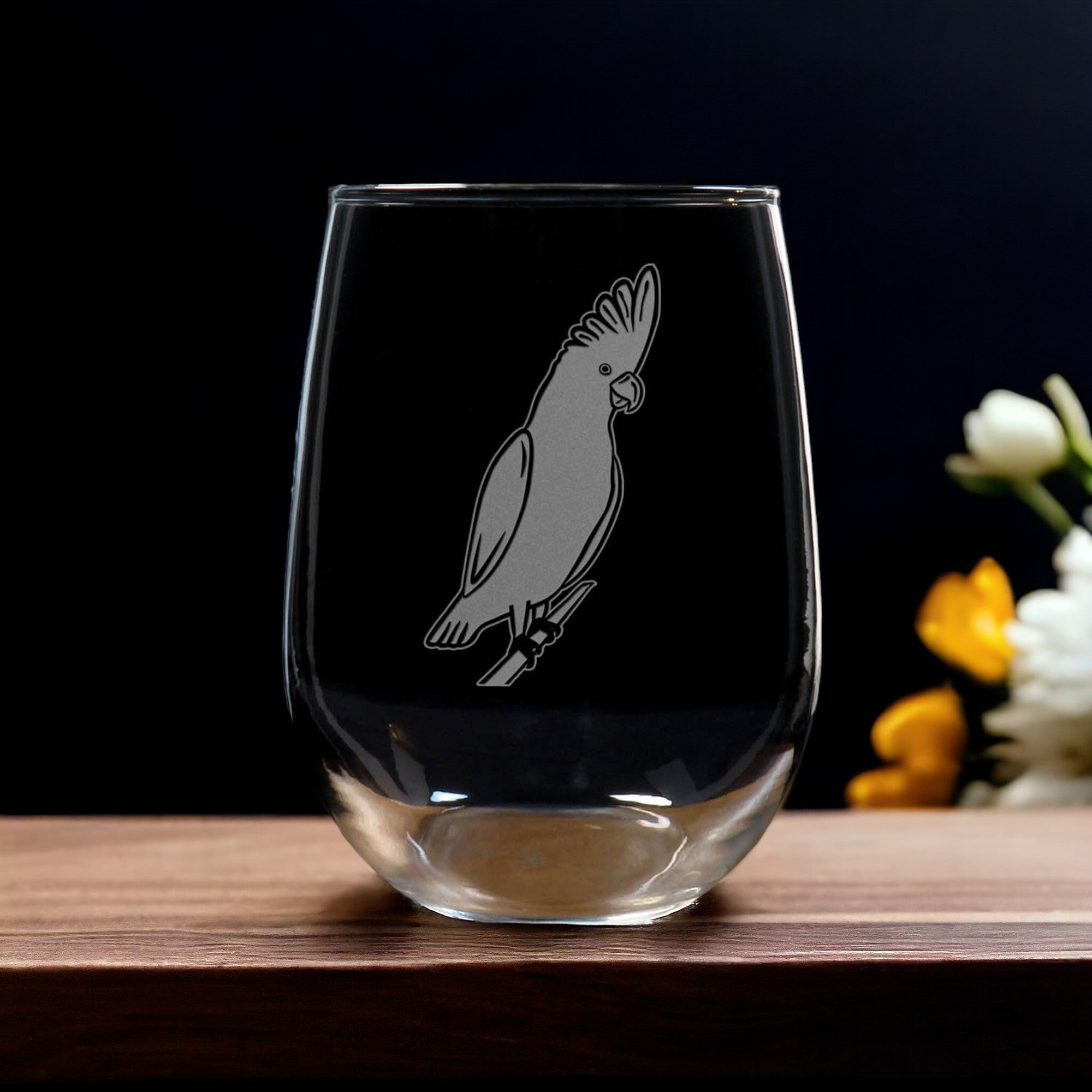 Cockatoo 17oz Stemless Wine Glass - Bird Lovers Personalized Gift