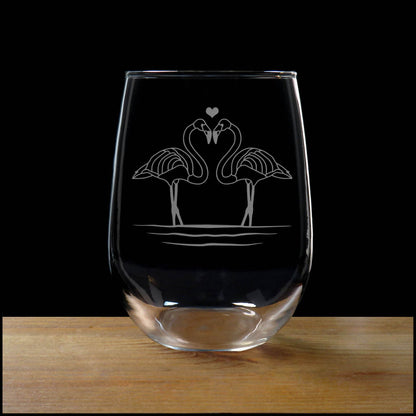 Flamingoes 17oz Stemless Wine Glass - Personalized  Bird Lover Wine Glass - Deeply Etched Custom Gift