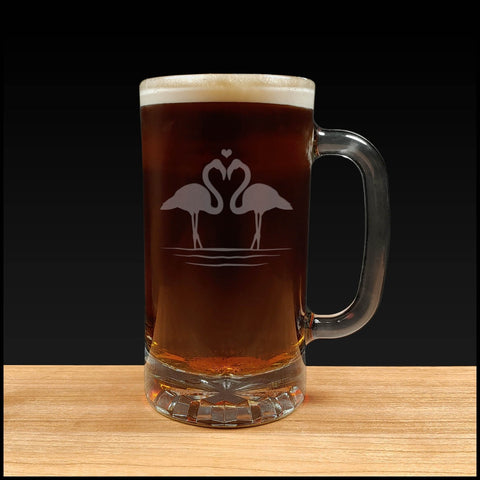 A pair of Flamingo silhouette design on a 16oz Beer Mug - Dark Beer - Copyright Hues in Glass